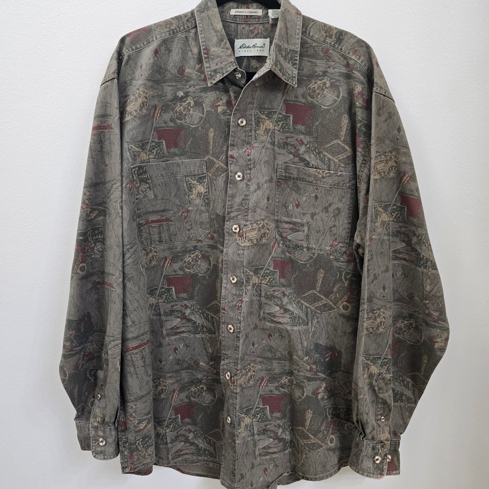 Vintage Eddie Bauer Elkborn Canvas Shirt Mens XL Tall Green Brown Hunting Sport